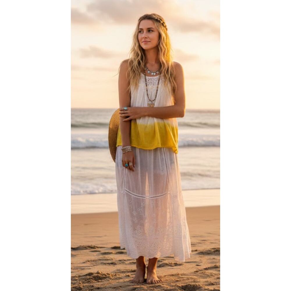 Free People White Yellow Ombre Lace Trim Tank Top S Boho Embroidered Sheer